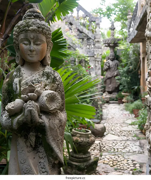 Stone buddha statue in a lush garden