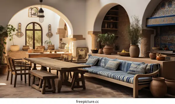 Rustic Mediterranean Courtyard with Stone, Tile, and Plants
