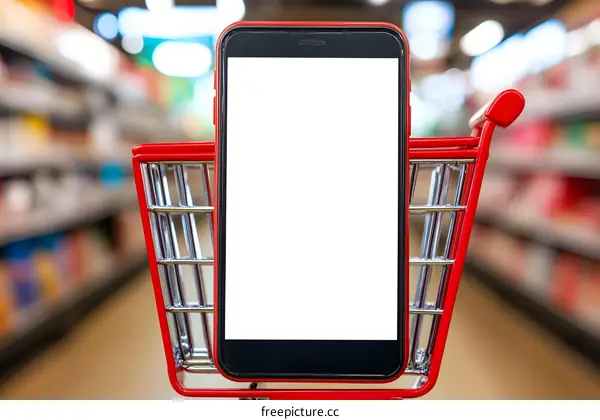 Smartphone with Blank Screen in Shopping Cart in Supermarket