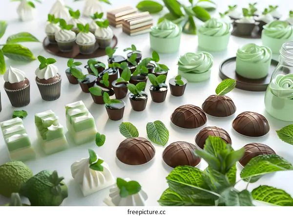 Mint Chocolate Desserts and Sweets with Green Leaves