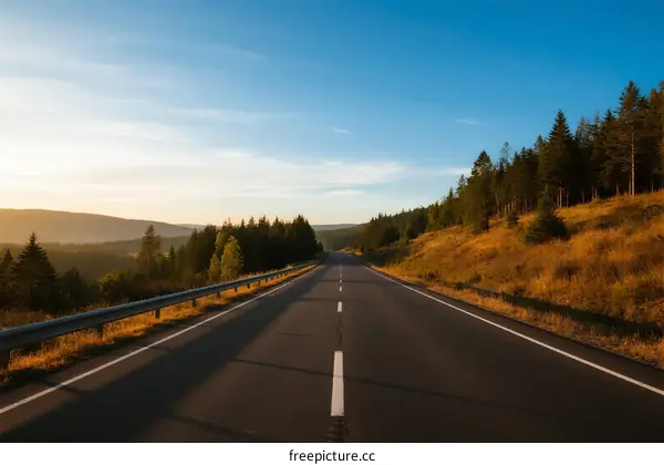 A scenic road stretching through a beautiful forested landscape