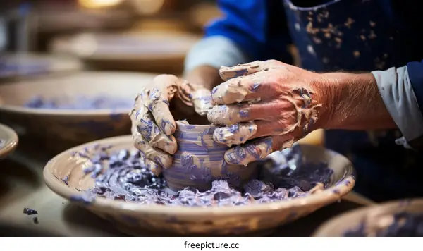 Artisan Craftsman Molds Bowl out of Clay on Pottery Wheel
