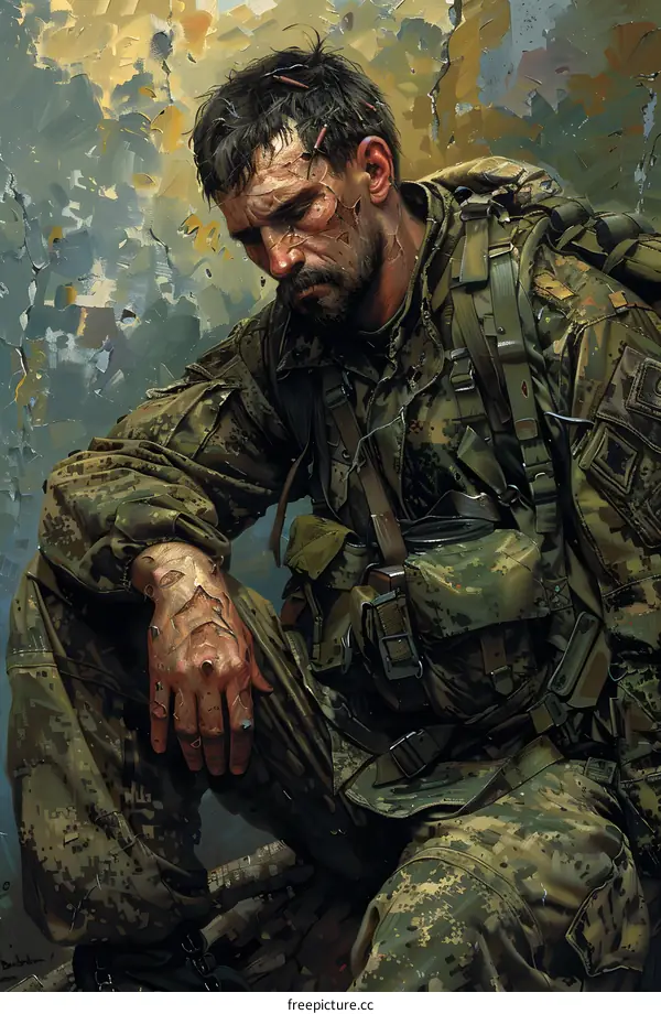 A weary soldier sits on a rock with his head in his hands