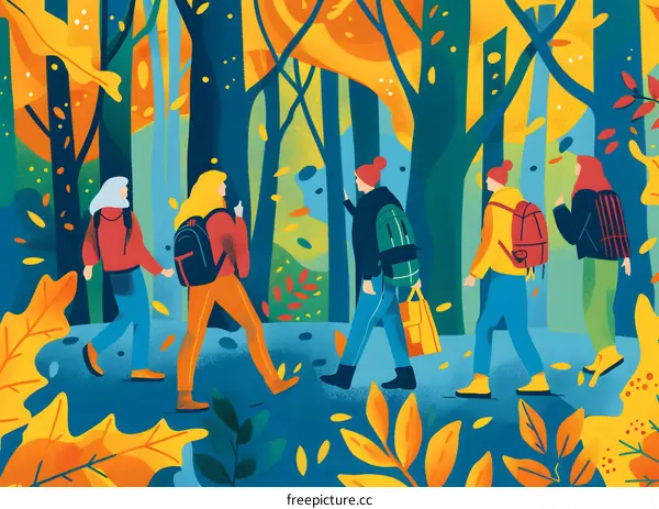 Group of Friends Walking Through Autumn Forest