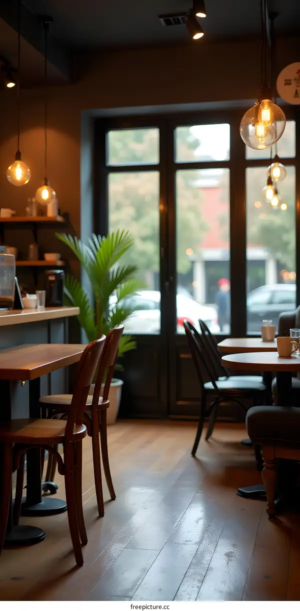 Cozy Cafe Interior with Natural Light and Warm Lighting