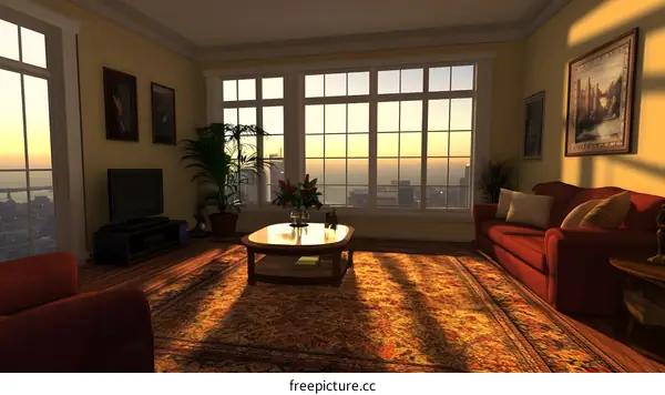 Modern Living Room with City View and Sunset