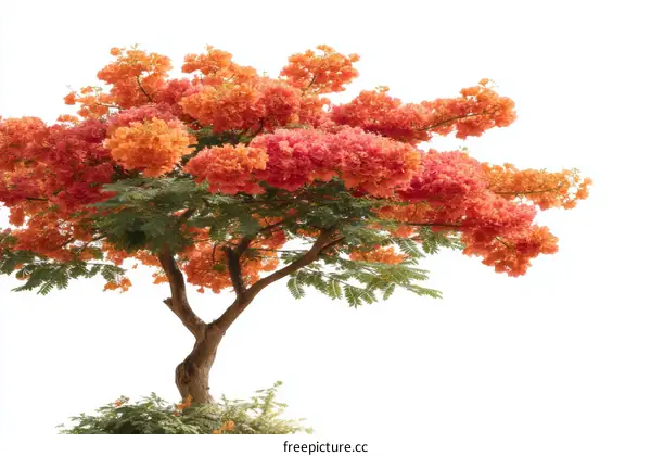 Vibrant Tree with Orange-Pink Flowers against White Background