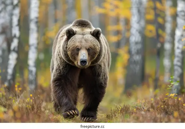 A large brown bear walking through a forest