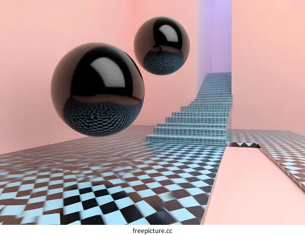 Black Sphere Abstract  3D Rendering of  Staircase and Checkerboard Pattern