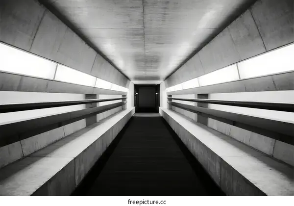 Concrete corridor with linear lighting and symmetric architectural design