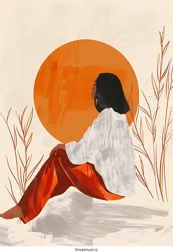 Woman Sitting by a Circle with Plants