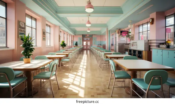 Retro pastel colors cafeteria with pink walls and blue chairs