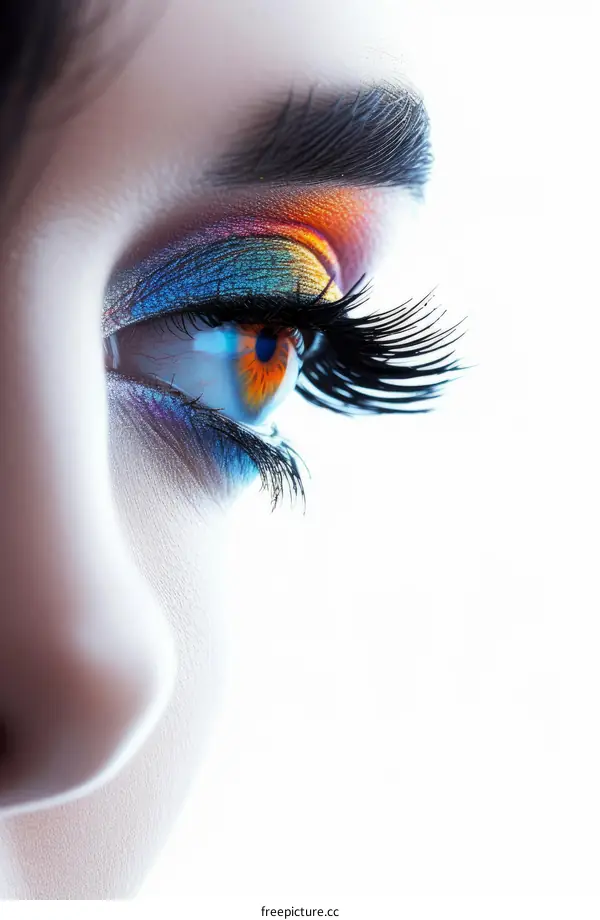 A close-up of a woman's eye with bright eyeshadow.