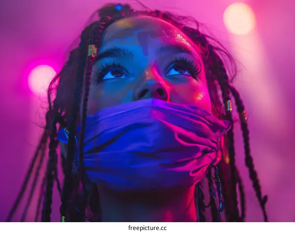 A young woman wearing a mask looks up at the colorful lights
