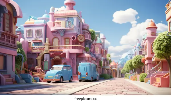 A Whimsical Digital Cityscape with Pastel Buildings and Cars