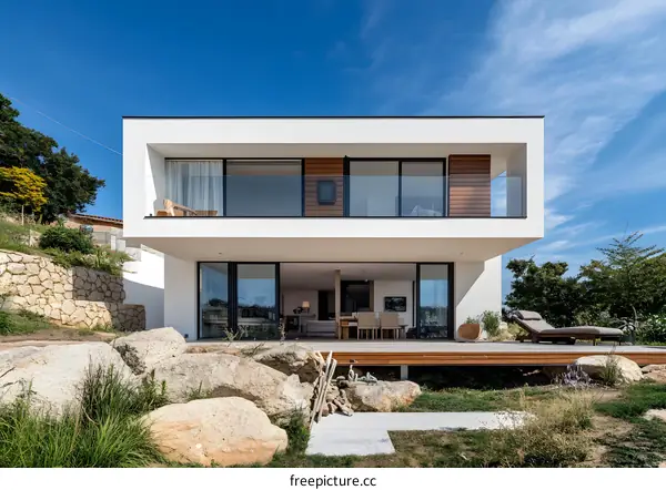Modern White House with Wooden Deck and Glass Balcony