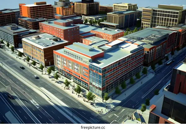 Aerial View of Cityscape with Modern Buildings and People Walking on Sidewalks