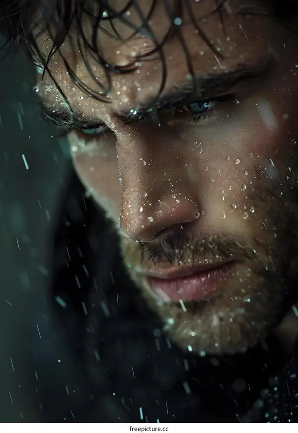 Portrait of a wet man with dark hair and blue eyes