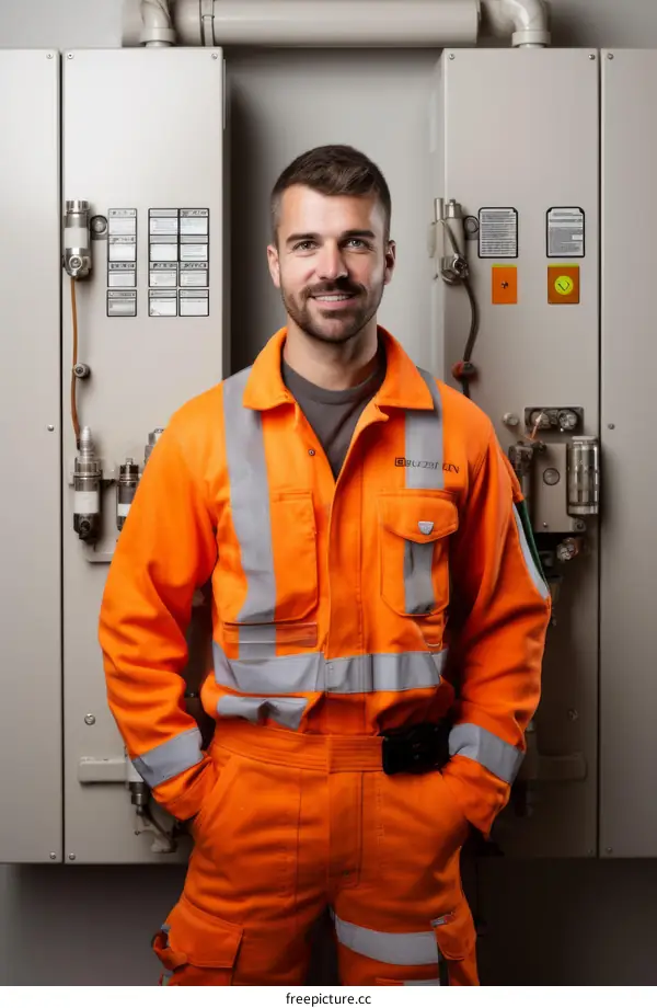 portrait of a young male worker in orange workwear