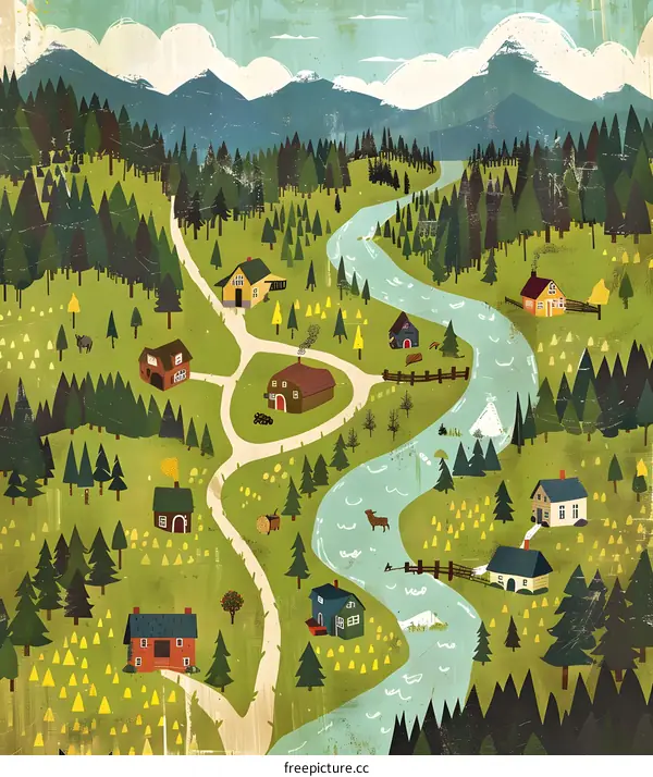 Illustrated Rural Landscape With River and Houses