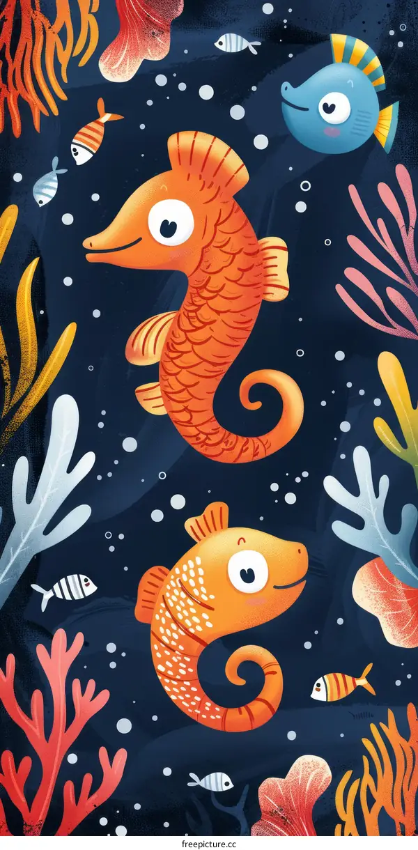 Three Happy Seahorses Swimming Amidst Colorful Coral Reefs