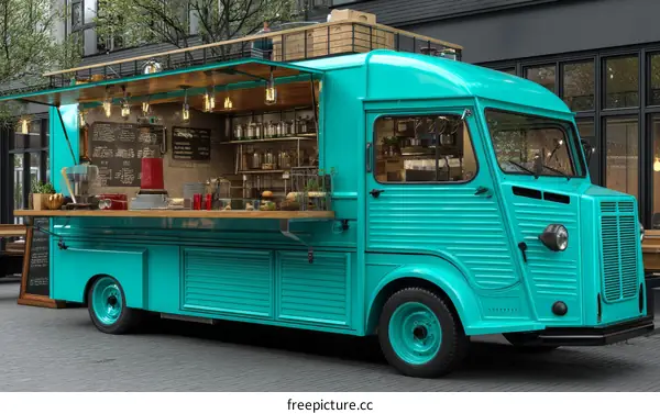 Vintage Turquoise Food Truck on City Street