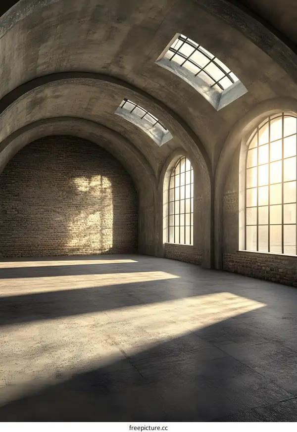 Industrial Building Interior With Brick Wall And Large Windows