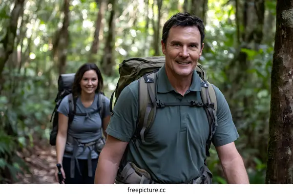 Couple Hiking in Lush Green Forest