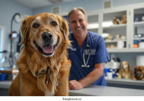 A veterinarian and a golden retriever dog in a veterinary clinic
