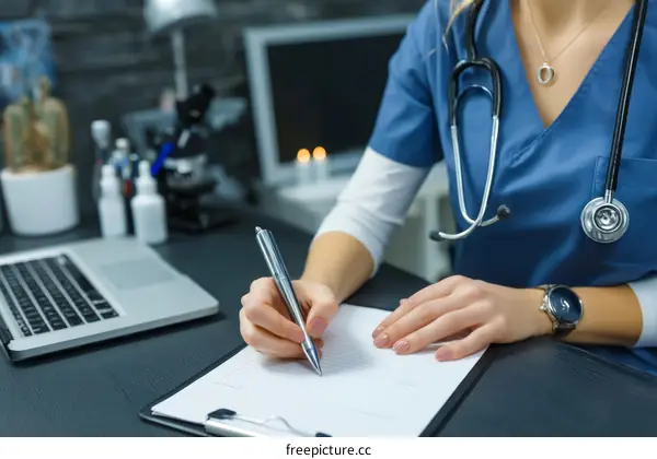 Female Caucasian Doctor Writing Medical Records