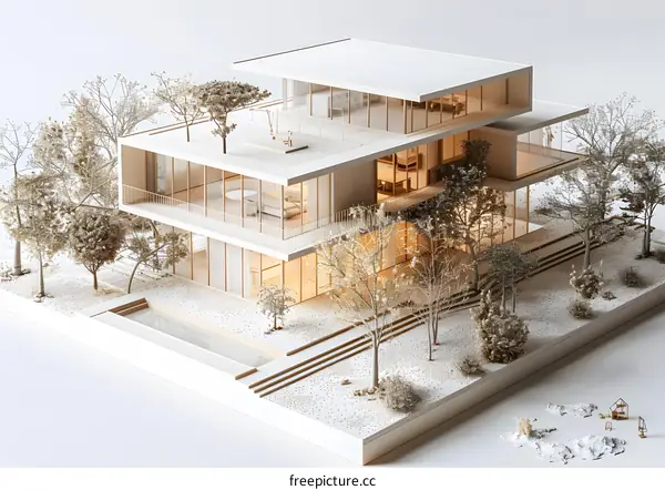 Modern Minimalist Architecture House Model with Trees