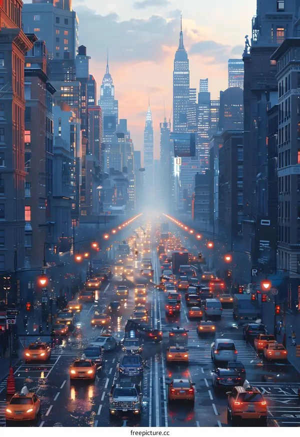 A busy street in New York City with cars, buses, and people crossing the road.