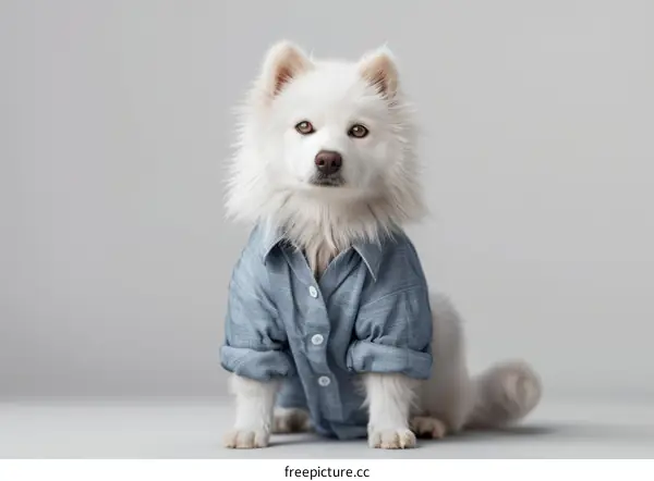 A white fluffy dog wearing a blue shirt is sitting down