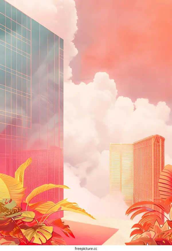 Pink Sky Tropical Cityscape Illustration