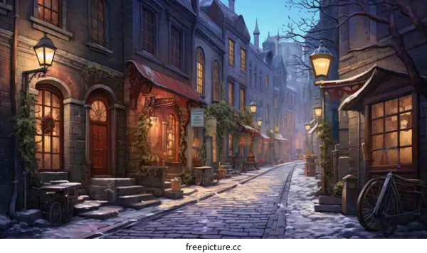 A digital painting of a snowy street in a European city.