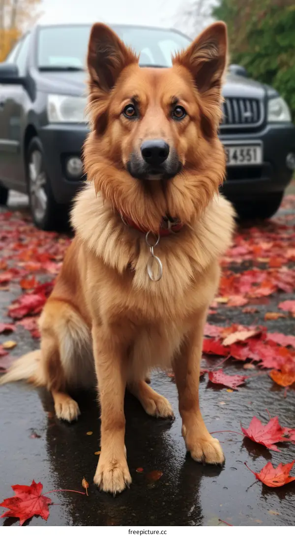 A dog sits on the wet asphalt in front of a car in the fall