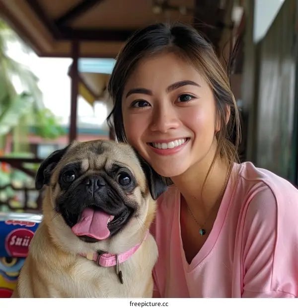 pug smiling with a girl