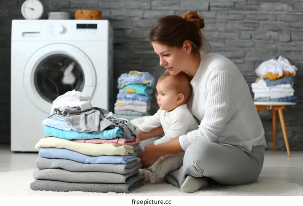 Mother and Baby Doing Laundry