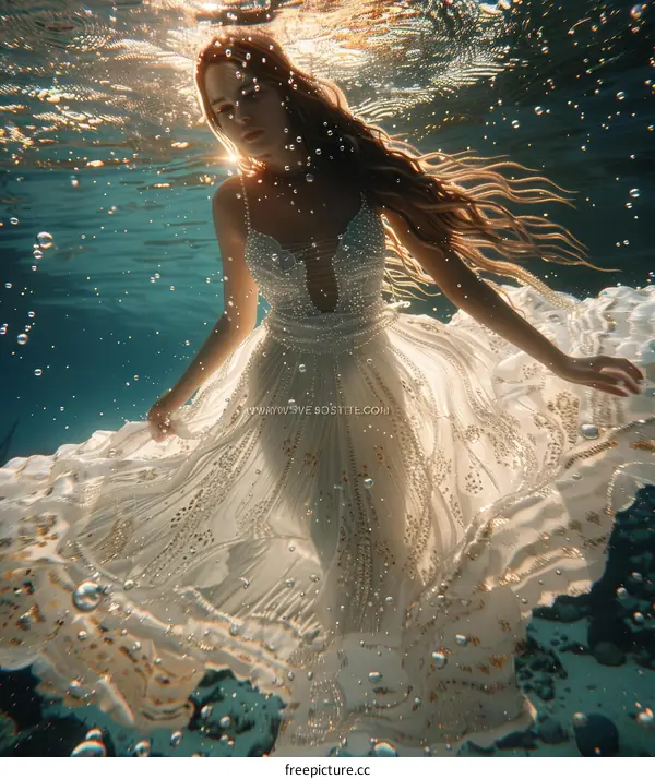 A woman in a white dress floating gracefully underwater