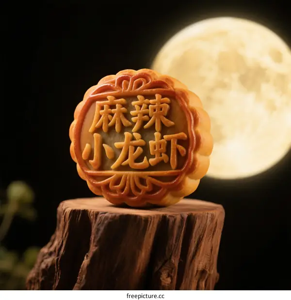 Mooncake with spicy crayfish flavor against a full moon background