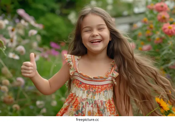 Little girl with long brown hair smiling and giving a thumbs up in a field of flowers