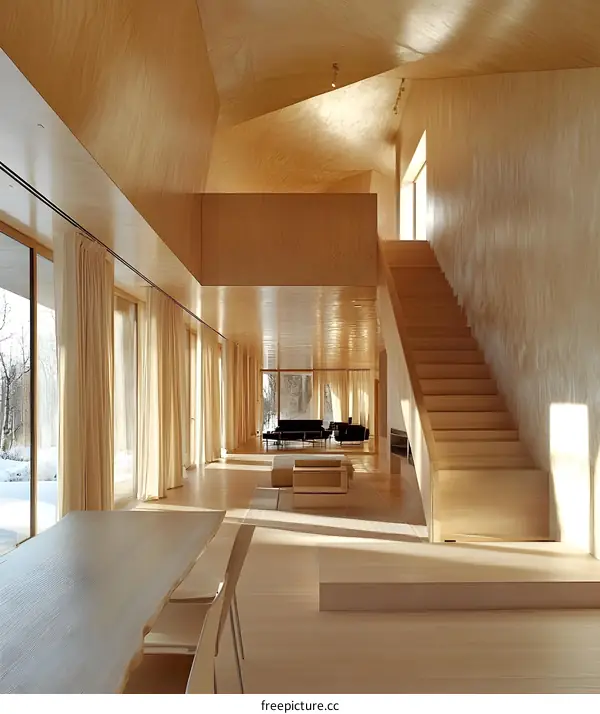 Modern Wood House Interior with Staircase and Large Windows