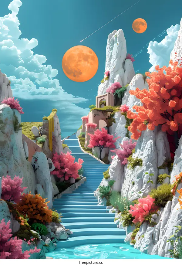 Surreal landscape with stairs leading to a temple on a cliff