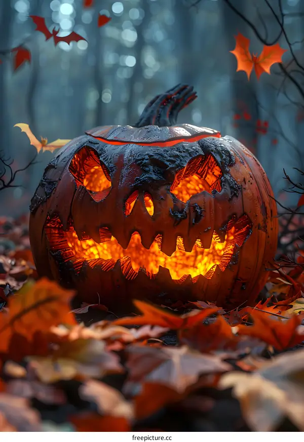 Scary Pumpkin Face in the Woods