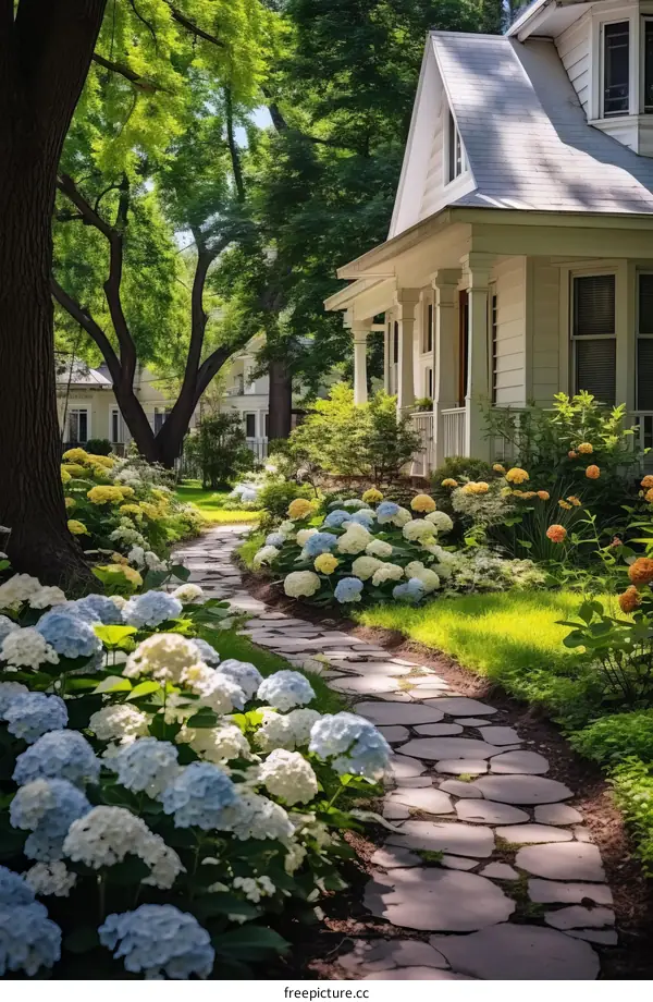 Hydrangea Garden with Stone Path and White House