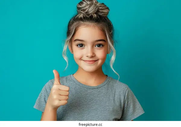 Smiling Girl Giving a Thumbs Up Against a Teal Background