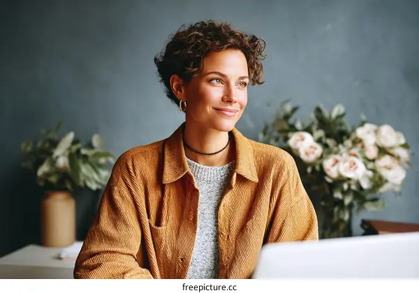 Woman Working at a Laptop in a Cafe