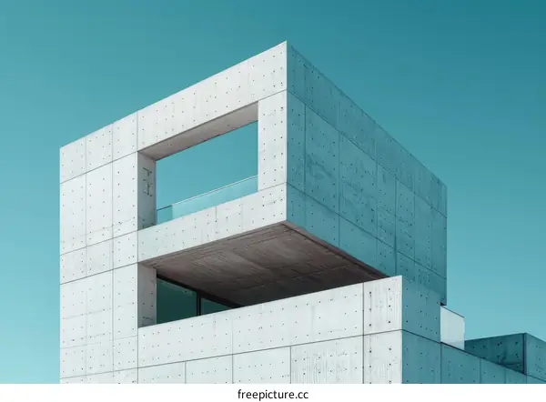 Balcony of a concrete building with a blue sky background