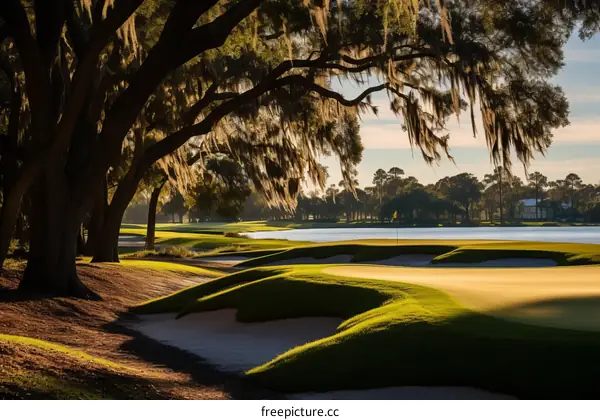 The sun shines through the moss covered trees on a golf course
