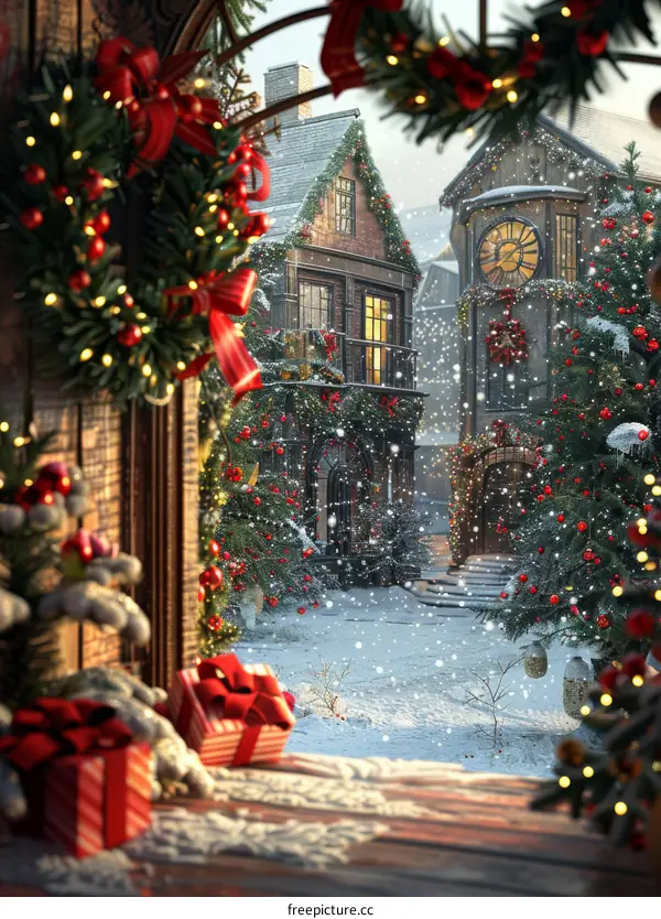 Christmas Decorations on Snowy City Street